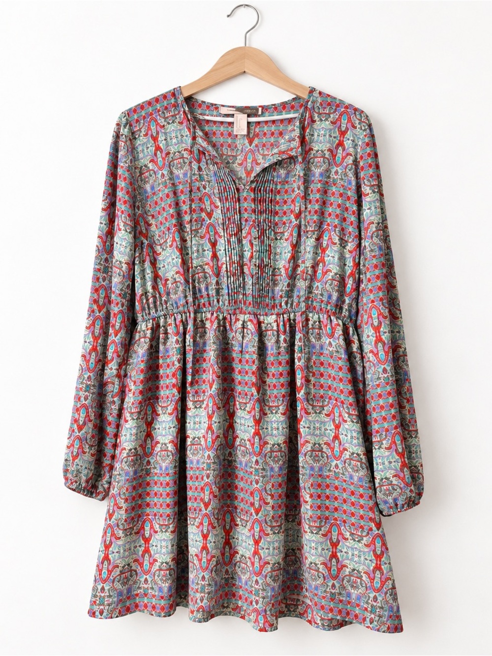 Forever 21 Red and Teal Long-Sleeve Printed Boho Dress